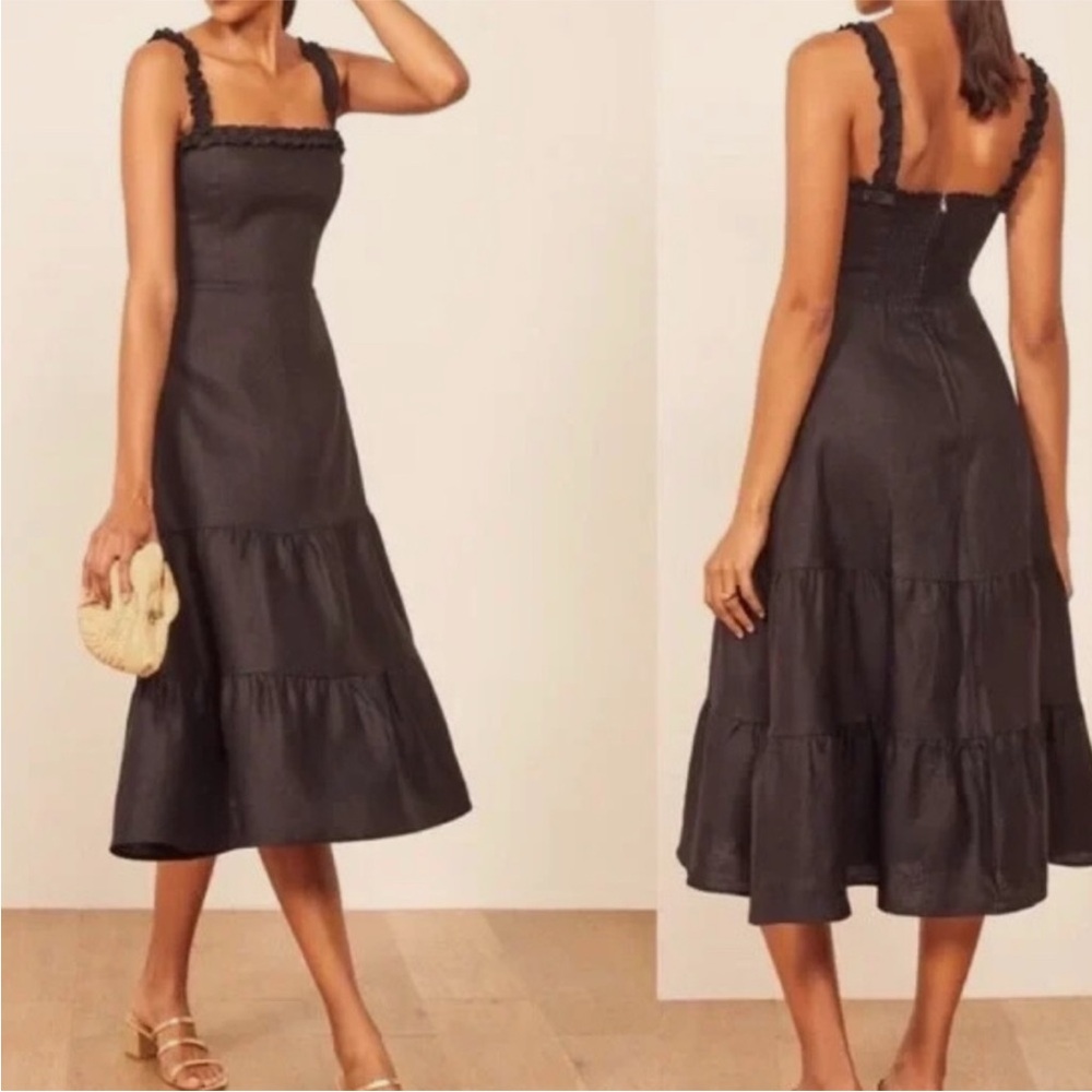 Reformation "Hyla" 100% Linen Black Sleeveless Ruffle-Trim Tiered Midi Dress - Picture 6 of 14